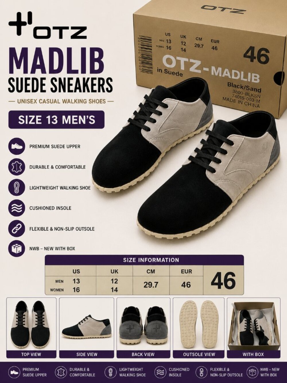 NWB OTZ Madlib Suede Sneakers Unisex Casual Walking Shoes Size 13